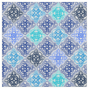 Blue Painted Moroccan Tile Pattern Fabric