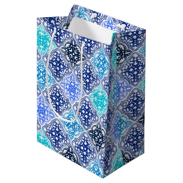 Blue Painted Moroccan Tile Pattern Medium Gift Bag (Front Angled)