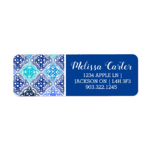 Blue Painted Moroccan Tile Pattern Return Address Label