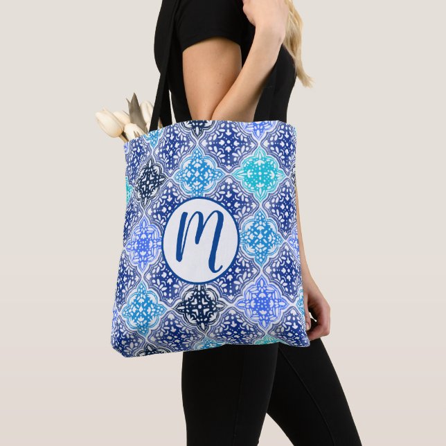 Blue Painted Moroccan Tile Pattern Tote Bag (Close Up)