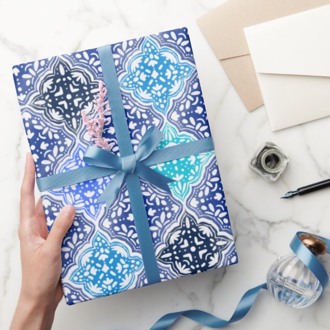 Blue Painted Moroccan Tile Pattern Wrapping Paper (Gifting)
