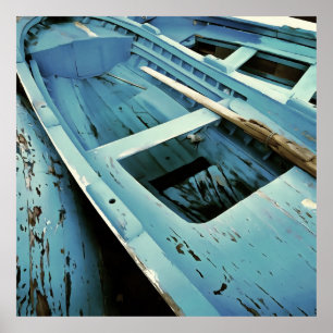 Blue Painted Rustic Wooden Fishing Boats Poster