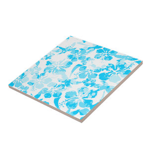 Blue painted tropical floral tile