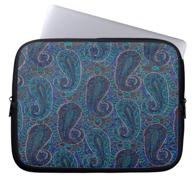 Blue Paisley Boho Designer Laptop Sleeve (Front)
