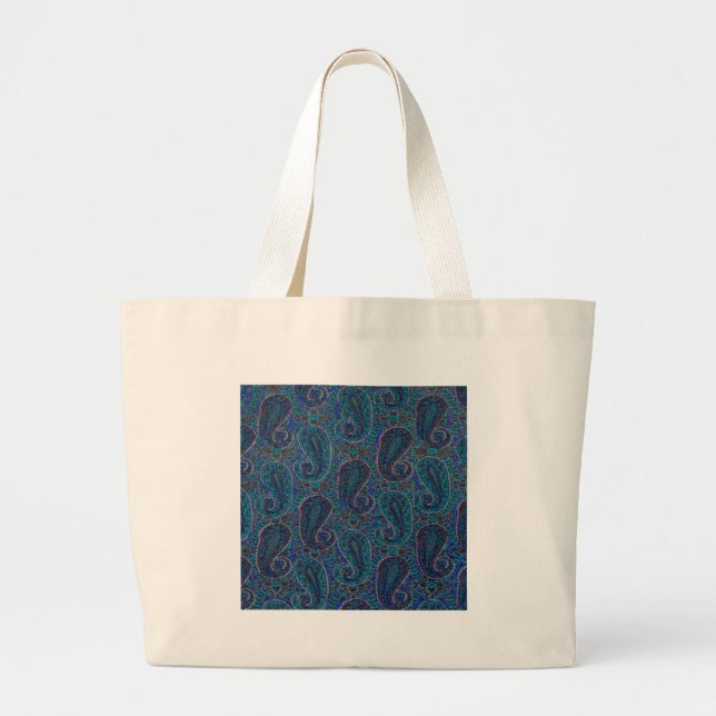 Blue Paisley Boho Designer Large Tote Bag (Front)