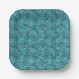 Blue paisley damask floral orientated ethnic patte paper plate