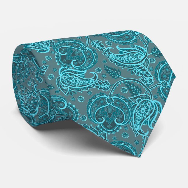 Blue paisley damask floral orientated ethnic patte tie (Rolled)