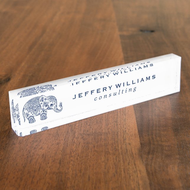 Blue Paisley Floral Elephant Nameplate (Side)