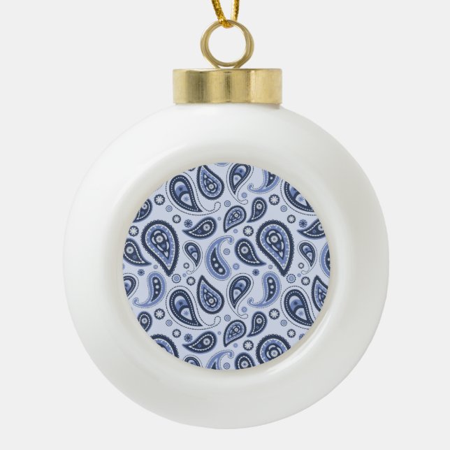 Blue Paisley Pattern Ceramic Ball Christmas Ornament (Front)