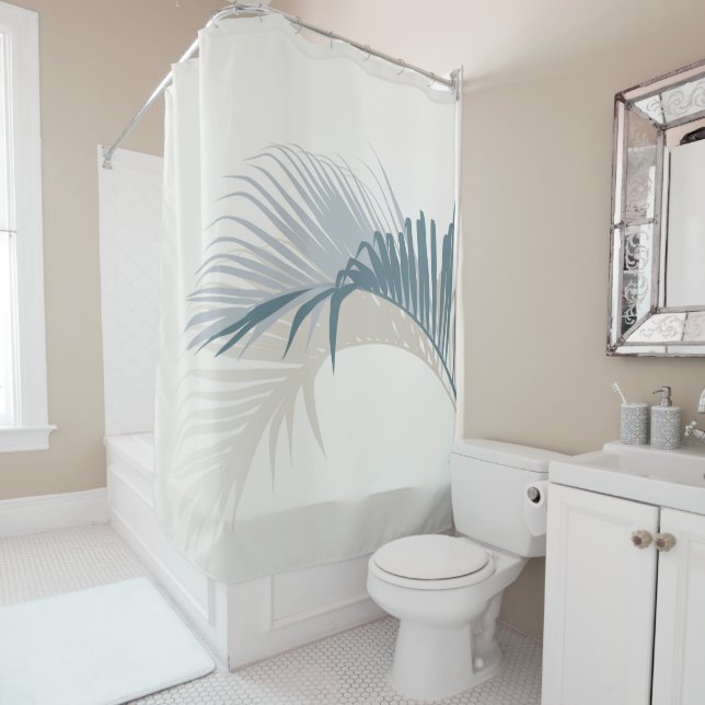 Blue palm leaf with shadow  shower curtain (In Situ)