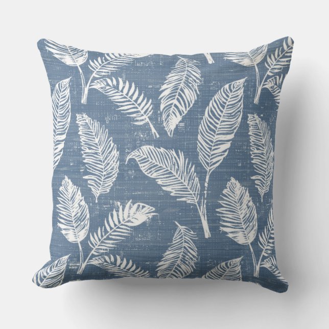 Blue Palm Leaves Throw Pillow (Front)