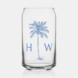Blue Palm Palmetto Tree Monogram Can Glass