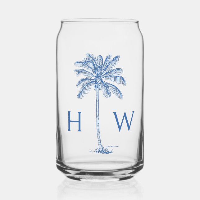 Blue Palm Palmetto Tree Monogram Can Glass (Front)