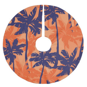 Blue palm silhouette, orange background brushed polyester tree skirt