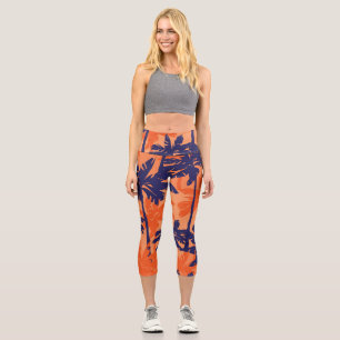 Blue palm silhouette, orange background capri leggings
