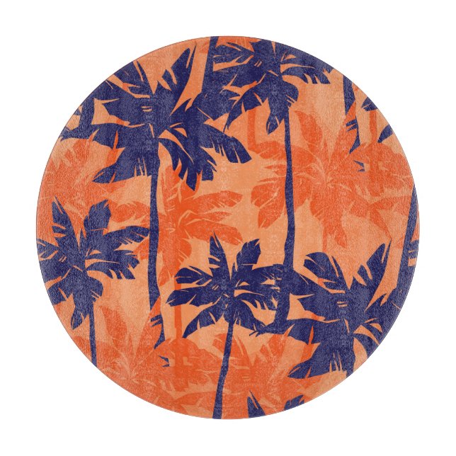 Blue palm silhouette, orange background cutting board (Front)