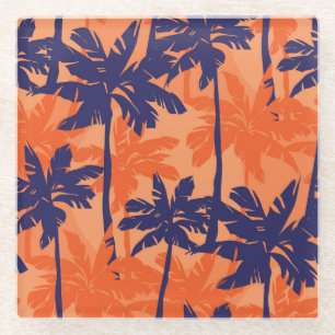 Blue palm silhouette, orange background glass coaster