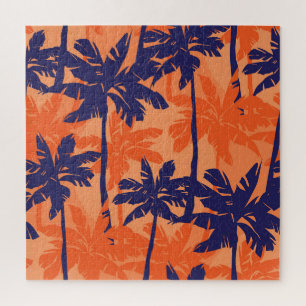 Blue palm silhouette, orange background jigsaw puzzle