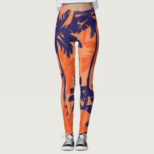 Blue palm silhouette, orange background leggings