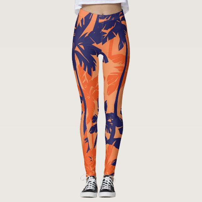 Blue palm silhouette, orange background leggings (Front)