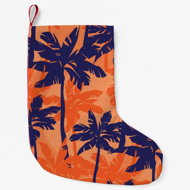 Blue palm silhouette, orange background small christmas stocking (Front)