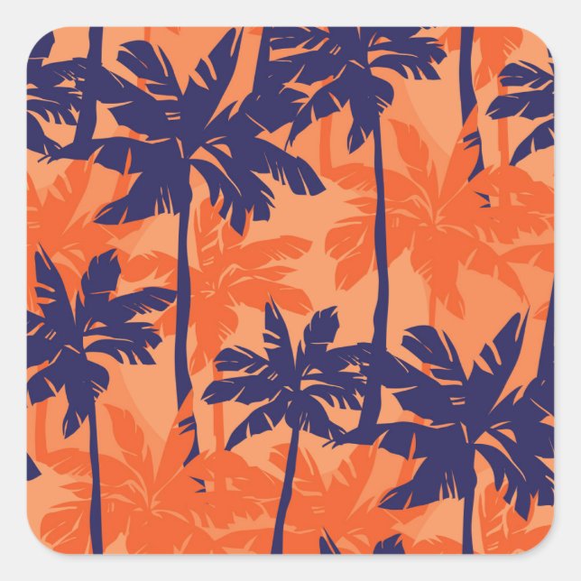 Blue palm silhouette, orange background square sticker (Front)