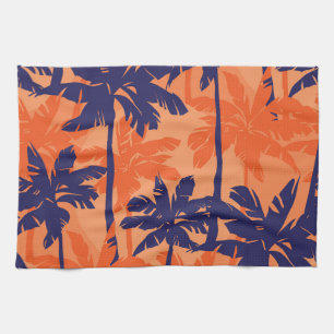 Blue palm silhouette, orange background tea towel