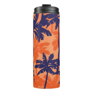 Blue palm silhouette, orange background thermal tumbler
