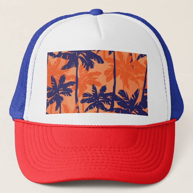 Blue palm silhouette, orange background trucker hat (Front)