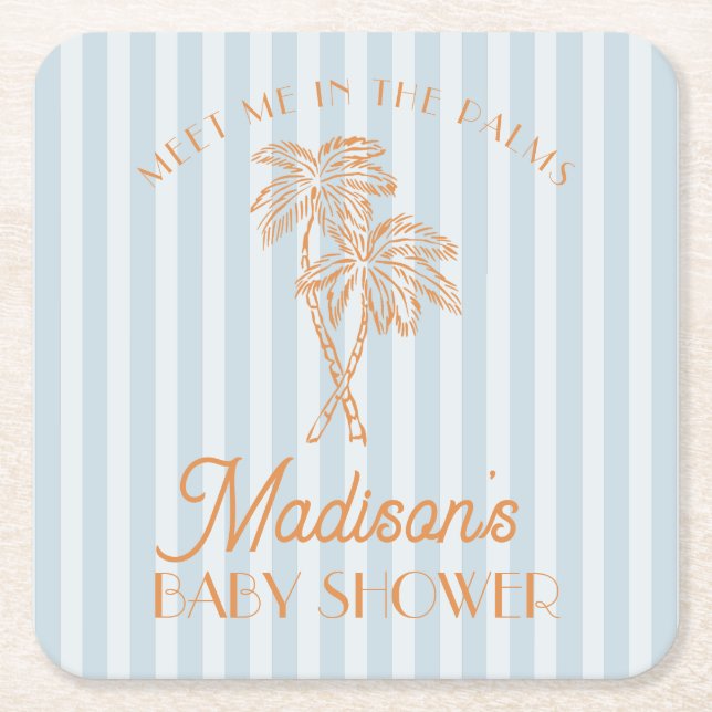 Blue Palm Spring Pastel Beach Baby Shower Square Paper Coaster (Front)