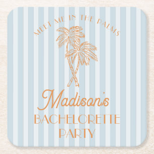 Blue Palm Spring Pastel Beach Bachelorette Party Square Paper Coaster