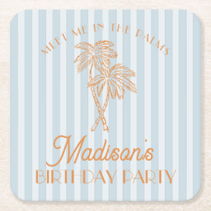 Blue Palm Spring Pastel Beach Birthday Party Square Paper Coaster