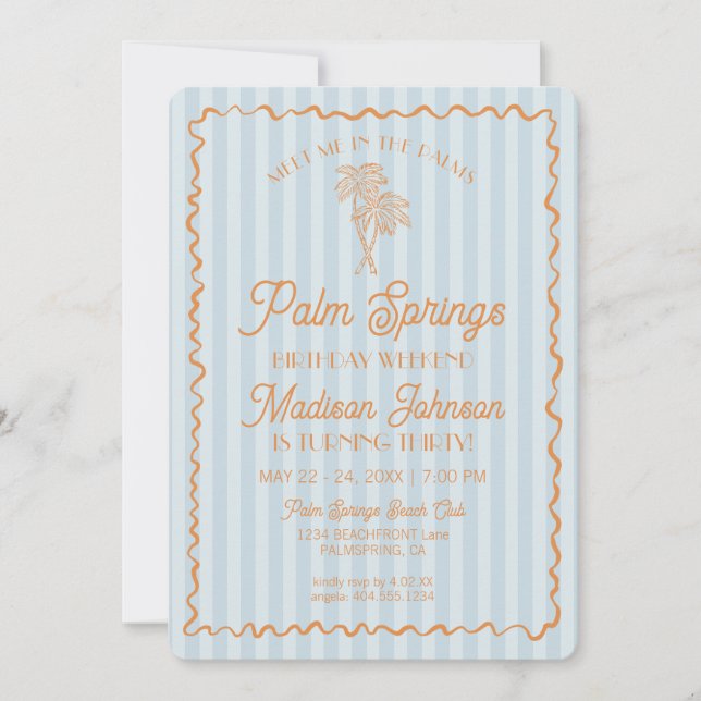 Blue Palm Springs Pastel Beach Birthday Weekend Invitation (Front)