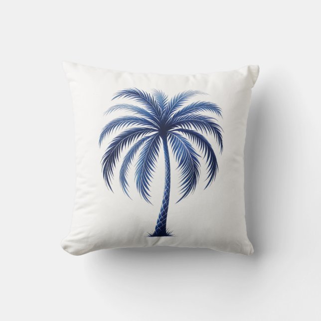 Blue Palm Tree Coastal Beach Cushion (Front)