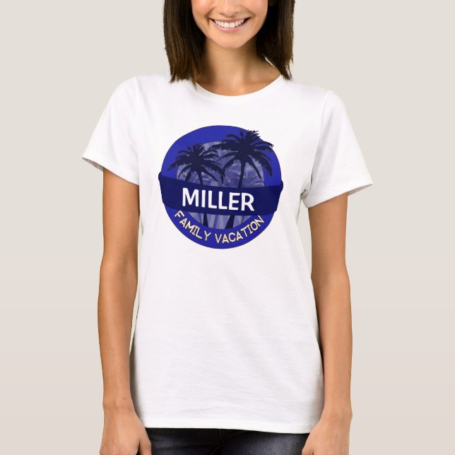 Blue palm tree customisable family vacation tee (Front)