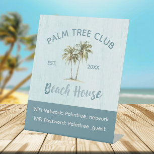 Blue Palm Tree modern Beach House WiFi Password Pedestal Sign