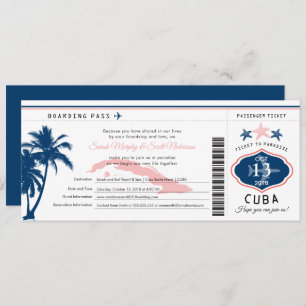 Blue Palm Tree Pink Cuba Boarding Pass Wedding Invitation