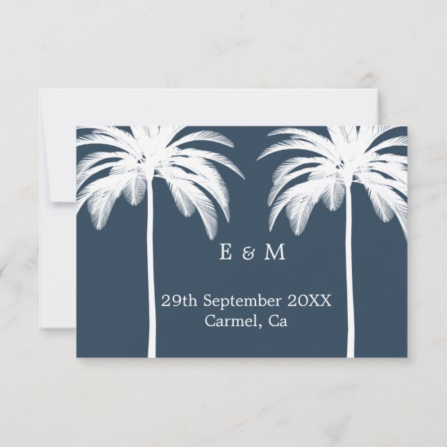 Blue Palm Tree Watercolor Wedding Save the Date (Back)