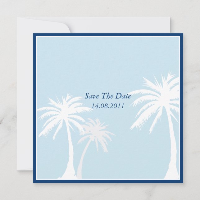 Blue Palm Tree Wedding Save the Date (Front)