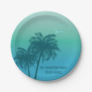Blue Palm Trees On Aqua Blue Teal Tropical Summer Paper Plate
