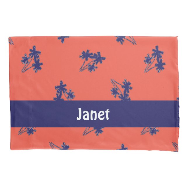 Blue palm trees on pink pillowcase (Front)