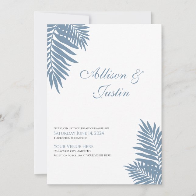 Blue Palm Wedding Invitation 5 X 7 (Front)