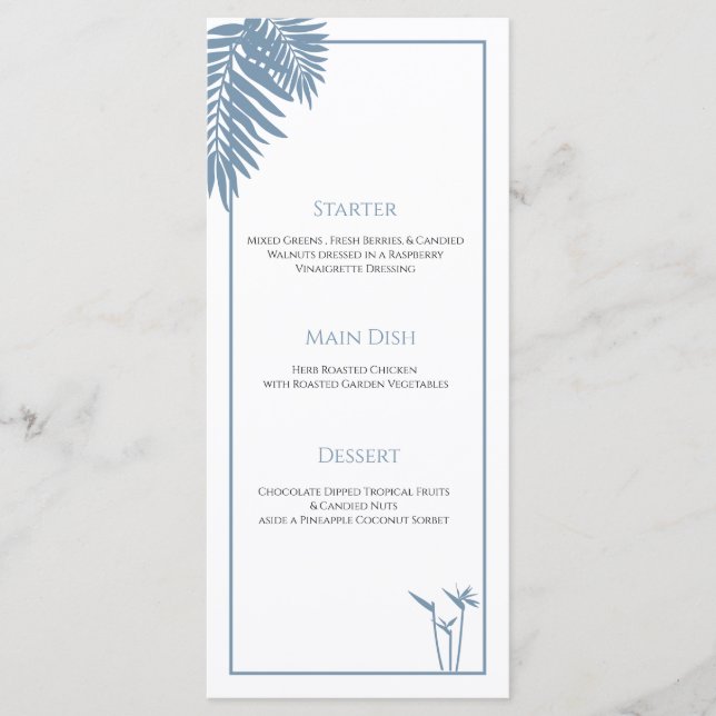 Blue Palm Wedding Personalised Plate Menu Cards (Front)