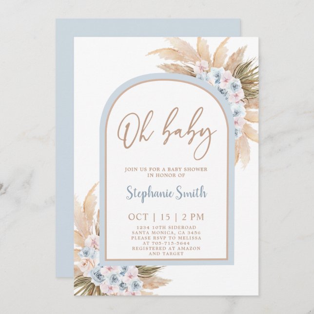 Blue Pampas Grass Arch Baby Shower Boy Invitation (Front/Back)