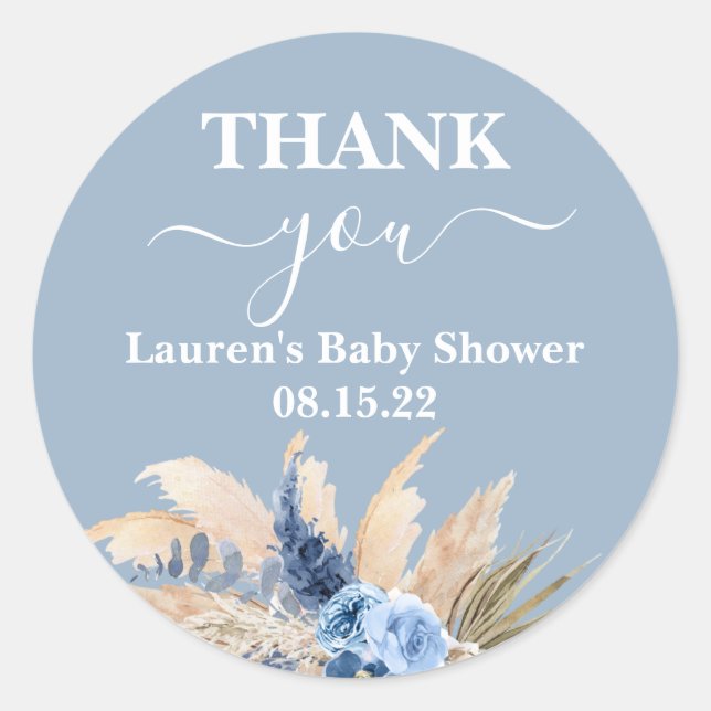 Blue Pampas Grass Baby Shower Round Sticker (Front)