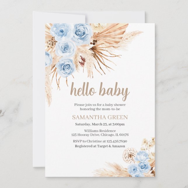 Blue Pampas Grass Boho Baby Shower Invitation (Front)