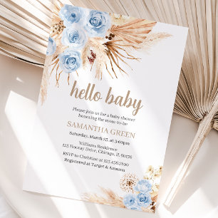 Blue Pampas Grass Boho Baby Shower Invitation