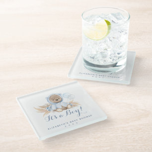 Blue Pampas Grass Boho Bear Baby Shower Coasters