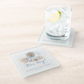 Blue Pampas Grass Boho Bear Baby Shower Coasters