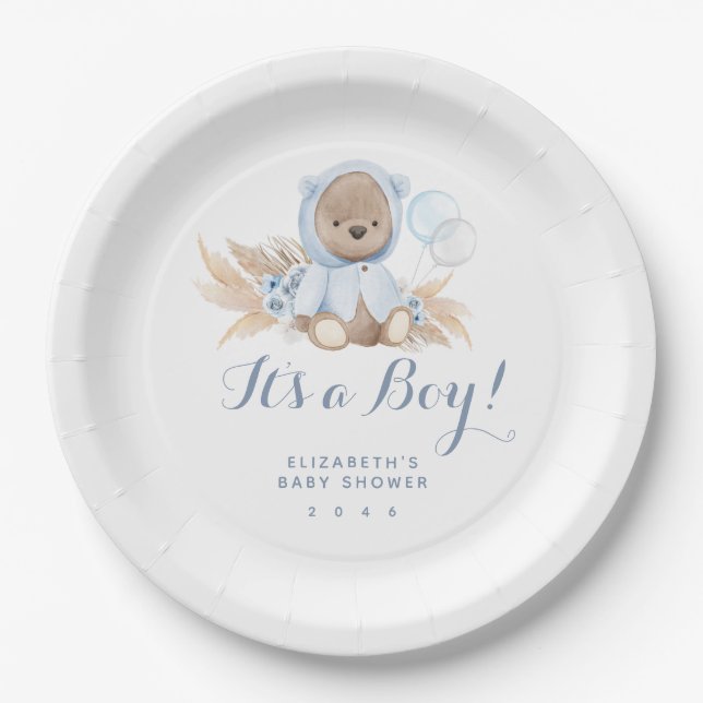Blue Pampas Grass Boho Bear Baby Shower Paper Plat Plate (Front)